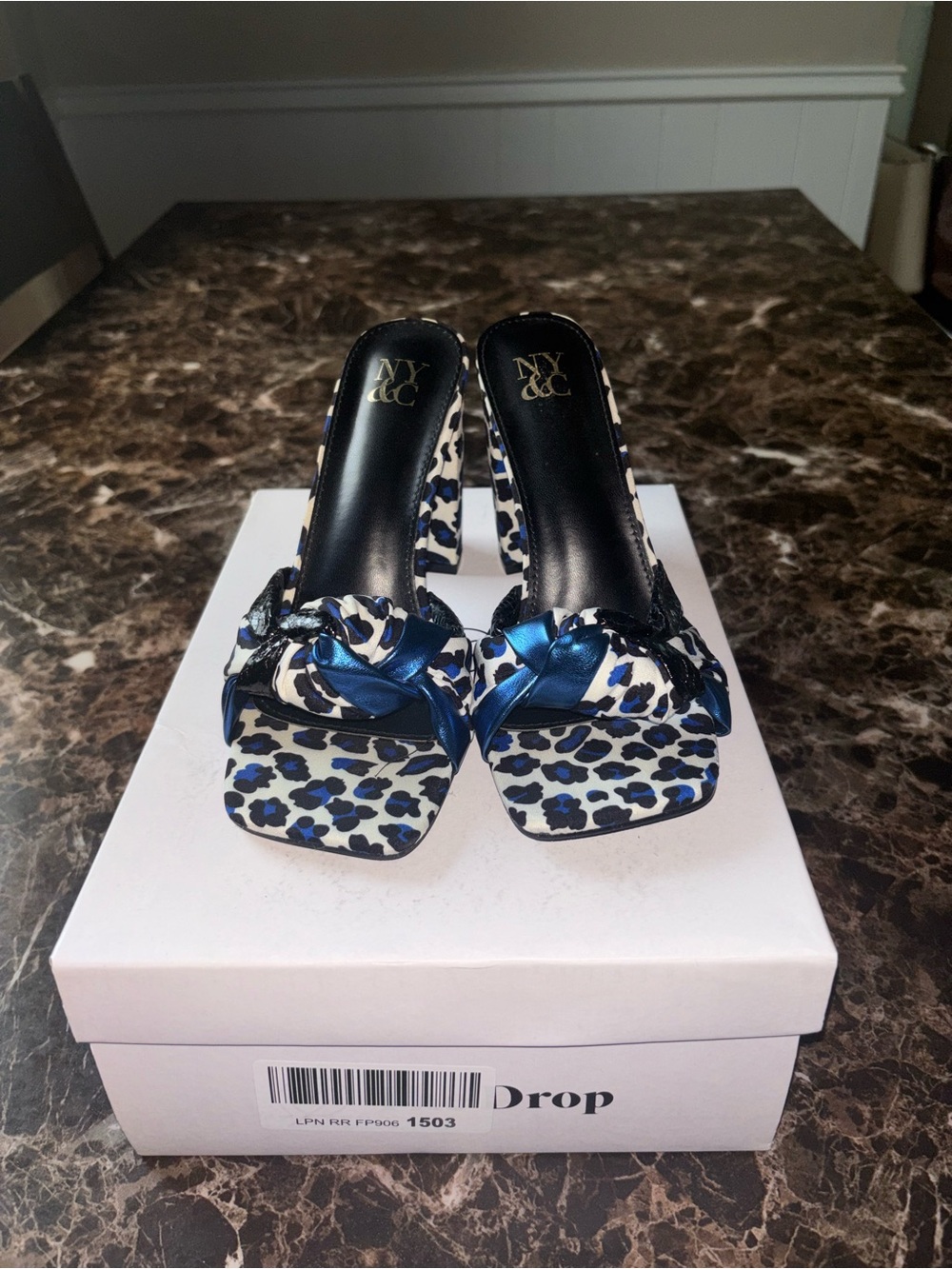 New York & Company - Blue and White Leopard Knot Front Heeled Sandals